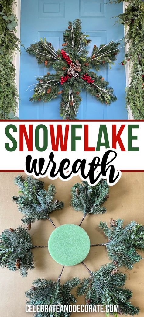 Snowflake Door Wreath, Simple Winter Wreath, Snowflake Wreaths For Front Door, Winter Door Decorations For Home, Pine Wreaths For Christmas Easy Diy, Snowflake Christmas Wreath, Decorate Wreaths For Christmas, Dollar Tree Snowflake Wreath, Winter Door Wreaths Diy