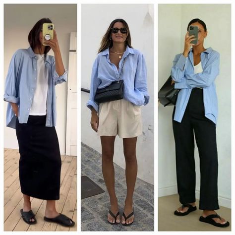 Think in blue 💙 1-9? #streetstyle #streetphotography #streetphotographyinternational #fashionweek #fashionstyle #glam #casualstyle… | Instagram Blue Linen Shirt Outfit Women, Blue Shirt Outfits Women, Blue Shirt Women Outfit, Blue Shirt Outfit, Linen Shirt Outfit, Spring Summer Capsule Wardrobe, Hot Summer Outfits, Blue Shirt Women, Sassy Outfit