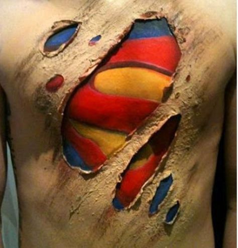 3D superman tattoo Superman Tattoos, Best 3d Tattoos, Tatoo 3d, Amazing 3d Tattoos, Superman Symbol, Optical Illusion Tattoo, Geniale Tattoos, Art Tumblr, 3d Tattoos