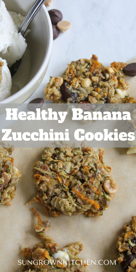 Healthy cookies with banana, zucchini, carrots, nuts and oats. Zucchini Carrot Cookies, Cookies With Vegetables, Healthy Zucchini Cookies, Quick Protein Snacks, Zucchini Cookie Recipes, Banana Cookie Recipe, Banana Zucchini, Zucchini Cookies, Zucchini Carrot