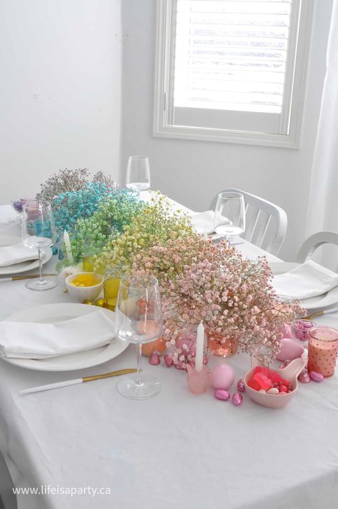 Rainbow Easter Table - Life is a Party Rainbow Flower Centerpieces, Pastel Party Table Setting, Pastel Color Table Setting, Easter Themed Birthday Party Decorations, Rainbow Party Centerpiece Ideas, Table Setting Baby Shower, Easter Party Centerpieces, Toddler Easter Party, Pastel Table Decor