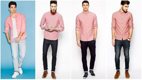 How to Wear a Pink Shirt (Men's Style Guide) - The Trend Spotter Mens Pink Button Up Outfit, Peach T Shirt Outfit Men, Men’s Pink Polo Outfit, Peach Polo Shirt Outfit Men, Men’s Pink Shirt Outfit, Light Pink Shirt Outfit Men Casual, Pink Fits For Men, Men With Pink Shirt, Men Pink Outfit Casual