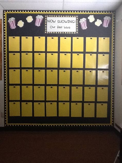 Student Work Bulletin Board - Hollywood/Movie Theme - Mrs. Vazquez - Grade 5 Good Work Display, Movie Themed Classroom, Student Work Bulletin Board, Classroom 2023, Door Room Decor, Hollywood Theme Classroom, White Board Ideas, Work Bulletin Board, Bulletin Ideas