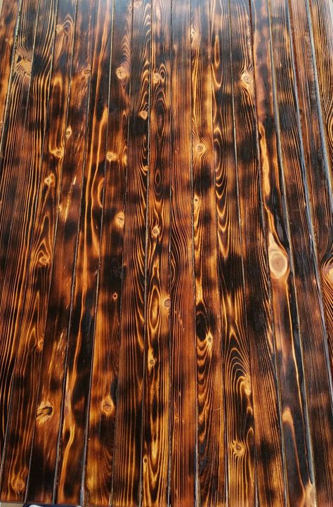 Burnt / burned table top. Love the contrast.  Tung oil finish. Burnt Table Top, Burnt Wood Table Top, Wood Burning Table Top, Cute Restaurant Ideas, Wood Torching, Wood Burning Table, Burnt Wood Table, Planty Room, House Fixer Upper Ideas