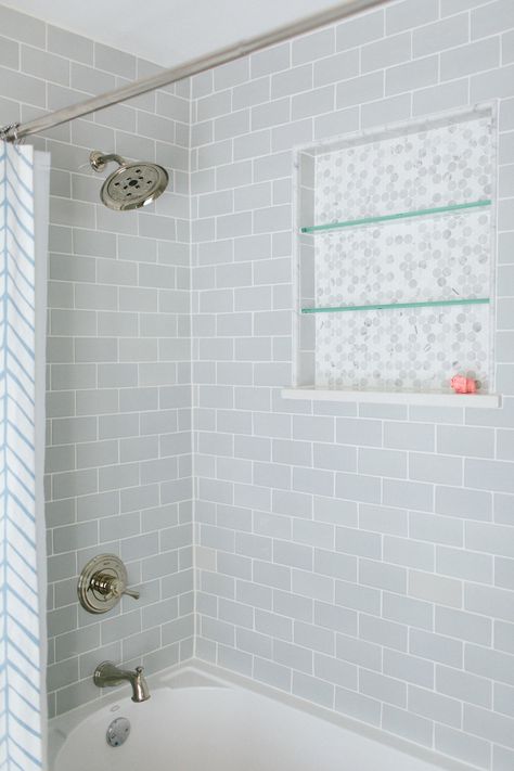 Gray Shower Tile Ideas for Your Bathroom | Hunker Gray Shower Tile, Subway Tile Showers, Grey Subway Tiles, Bath Tiles, Transitional Bathroom, Shower Niche, Hall Bathroom, Bathroom Tub, Upstairs Bathrooms