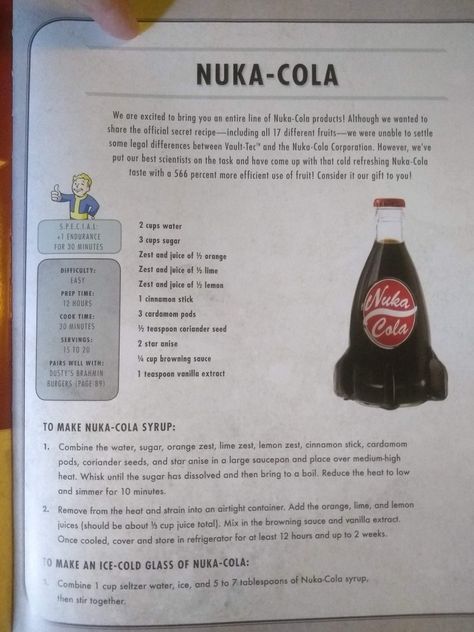 Nuke Cola Fallout, Fallout 4 Recipes, Fallout Cookbook Recipes, Fallout Food Recipe, Fallout Cookbook, Fallout Recipes, Fallout Food, Nuka Cola Recipe, Fallout Birthday