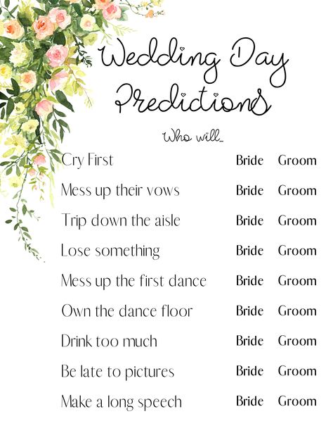 Digital download ONLY for a floral wedding/bridal shower prediction game. Play this fun prediction game at bridal showers, couples showers, rehearsal dinner, or anywhere else you are looking to celebrate the happy couple.  Refunds: There are no refunds or exchanges on printable items. Please ask us any questions before purchasing. Terms of Use: This file is for ONE personal use only ie. it is not to be used for commercial purposes. You may not copy, share, sell or distribute the file in any form. This listing includes digital files only. No physical items will be shipped. Predictions For The Wedding Game, Wedding Predictions Game, Cute Bridal Shower Games, Bridal Shower Elegant Classy, Love Is In Bloom Wedding Shower Ideas, Planning A Bridal Shower Checklist, Virtual Bridal Shower Games, Spring Wedding Shower Ideas, Bridal Shower List