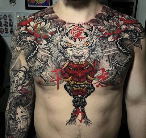 Oni Tattoo Chest, Chest Tattoo Men Ideas Japanese, Yakuza Chest Tattoo, Oni Back Tattoo, Japanese Chest Tattoo, Chest Tattoo Japanese, Tato Irezumi, Tattoo Japonais, Tato Flash