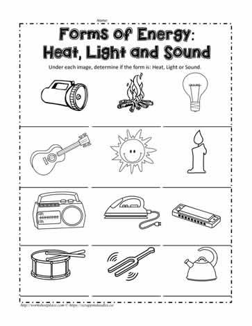 Heat, Light or Sound? Worksheets Heat And Light Worksheets, Light Energy Worksheet, Light Energy Activities, Renewable Energy For Kids, Energy Worksheets, Teaching Energy, Science Chart, Forms Of Energy, Science Electricity