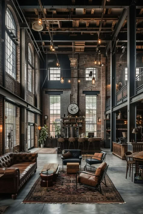 House Interior Industrial, Industrial Office Space Design Interiors, Interior Country House, Industry Interior Design, Industrial Home Aesthetic, Industrial Interior Design Style, Industrial Loft Interior Design, Concrete Apartment Interior, Warm Industrial Interior