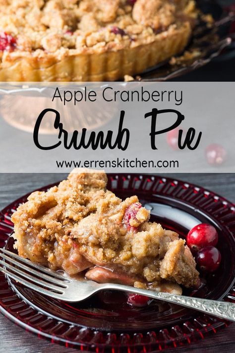 This Recipe for Apple Cranberry Crumb Pie is a traditional twist that makes a decadent dessert suitable for any occasion that is sweet, simple and there will be no crumbs left on any tables! #ErrensKitchen #dessertbar #sweettreat Apple And Cranberry Pie, Apple Cranberry Pie With Crumb Topping, Cranberry Crumble Pie, Apple Cranberry Crumble, Cranberry Apple Crumble, Cranberry Crumble, Cranberry Pie Recipes, Cranberry Filling, Dessert List