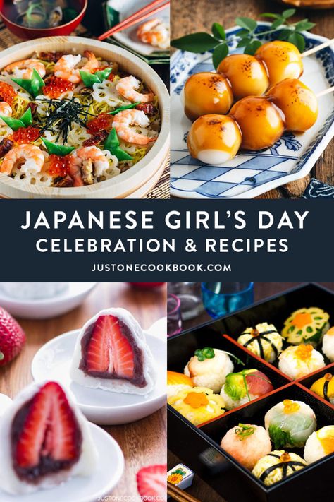 Every year on March 3rd in Japan, the Japanese celebrate Hinamatsuri – also known as Doll Festival (雛祭り) or Girl’s Day - with special foods, such as chirashi sushi, clam soup, and strawberry daifuku. Read more about the tradition and recipes to make for this special day. | More Japanese Food & Culture at JustOneCookbook.com #japanesefood #japantravel #japanculture Japan Party Ideas, Cultural Food Recipes, Japanese Festival Food, Clam Soup, Chirashi Sushi, Strawberry Daifuku, Japanese New Year Food, Japanese Meals, Cultural Food