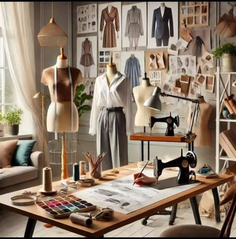 Couture Atelier Interior, Fashion Design Home Studio, Fashion Design Room Ideas, Alterations Shop Interior, Aesthetic Fitting Room, Fashion Design Studio Interior, Professional Sewing Studio, Sewing Atelier Interior, Sewing School Studio