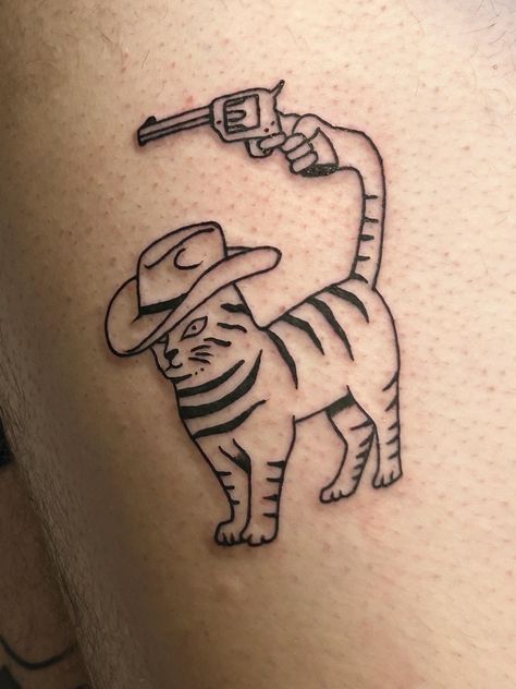 Blue Collar Tattoos For Men, Cowboy Inspired Tattoo, Western Animal Tattoo, Western Guitar Tattoo, Taco Cat Tattoo, Fine Line Skeleton Tattoo, Yallternative Tattoo, Cat With Knife Tattoo, Cat Cowboy Hat Tattoo