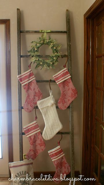 Hanging Stockings Without A Fireplace Mantels, How To Display Stockings With No Fireplace, How To Display Christmas Stockings Without A Fireplace, Large Family Stocking Hanging Ideas, Christmas Stocking Hangers Diy, Christmas Stocking Ladder Ideas, Hanging Christmas Stocking Ideas, Hang Christmas Stockings Without Mantle, Hanging Stockings Without A Mantle