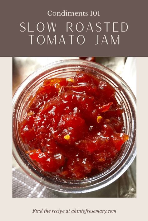 A delicious homemade jam, made without any spills or mess on your stovetop. Your oven does the work for you with this delicious combination of fresh sliced tomato, sugar, lemon, cinnamon, fennel & chile peppers. The end result is magical.? A Hint of Rosemary #condiments #sandwiches #sandwichtoppers #homemadejam #tomatoes #roastedgoodness #ahintofrosemary Tomato Jam Recipe, Preserving Tomatoes, Slow Roasted Tomatoes, Chile Peppers, Tomato Jam, Grilled Bread, Vegan Side Dishes, Jams And Jellies, Jam Recipe