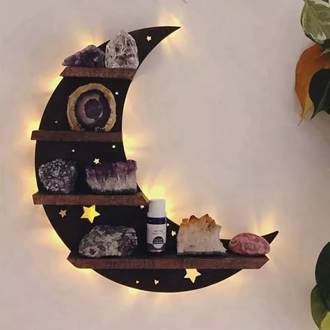 🖤🌛 Witch Bedrooms, Gothic Bedding, Oil Rack, Magical Decor, Displaying Crystals, The Moon And Stars, Light String, Room Display, Cute Bedroom Decor