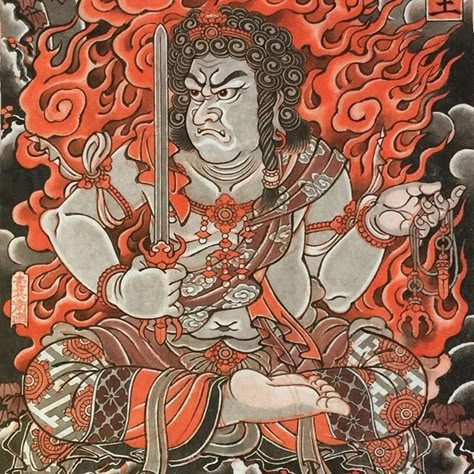 A killer depiction of Fudo Myoo from Hide Ichibay's (IG—hide_ichibay) incredible body of work. #fineart #HideIchibay #Japanese #painting #traditional | Nov 10th 2016 | 267024 Japanese Painting Traditional, Chinese Artwork, Japanese Art Prints, Traditional Japanese Tattoos, Japanese Folklore, Japanese Artwork, Japanese Illustration, Japan Tattoo, Tibetan Art