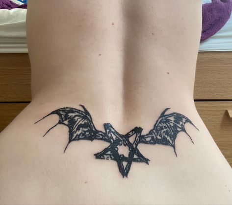 Tattoos For Stomach For Women, Trad Goth Tattoo Ideas, Bat Lower Back Tattoo, Tattoo Ideas Gothic, Goth Tattoos For Women, Low Stomach Tattoo, Gothic Tattoos For Women, Gothic Sternum Tattoo, Emo Tattoos Goth