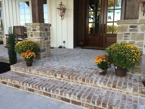 Farmhouse style brick front porch.   Slab home to look pier and beam Brick Around Porch Post, Brick Porch Steps Entrance, Brick Foundation Farmhouse, Sidewalks To Front Door From Driveway Entrance, Brick Steps Front Porch Farmhouse, Brick Porches Ideas Entrance, Farmhouse With Brick Skirt, Front Porch Brick Pavers, Brick Stairs Front Porch