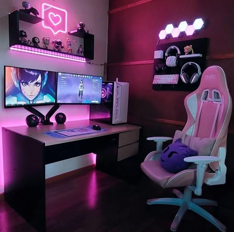 Aesthetic Gaming Setup, Gaming Setup Ideas, Aesthetic Gaming, Gamer Bedroom, Small Game Rooms, Night Table Lamps, Setup Gaming, Video Game Room Design, Gaming Room Setup