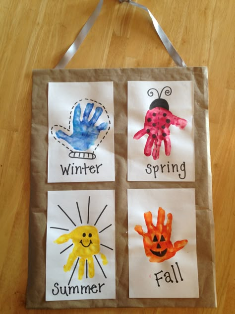 Handprint Seasons Seasons Handprint Craft, Seasons Crafts For Toddlers, Kindergarten Handprint Art, Changes All Around Infant Theme, 4 Seasons Handprint Art, Month Handprints, Handprint Months Of The Year, September Handprint Crafts, Art For Toddlers Easy