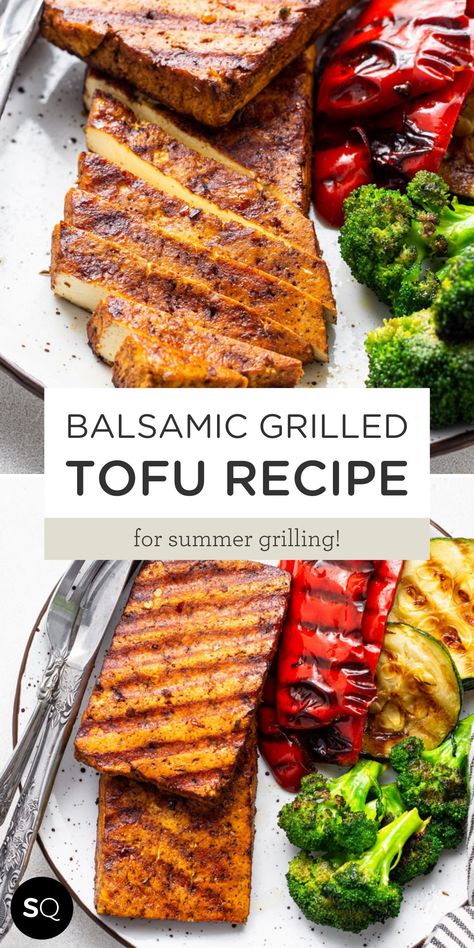 This is the best Grilled Tofu recipe with an easy and spicy balsamic glaze for summer grilling. Serve this high-protein entree with your favorite grilled veggies! Tofu is such a versatile protein option. Sure, there may be people out there who think tofu isn't for them. But this savory, sweet and spicy balsamic grilled tofu recipe is about to change their minds. Balsamic Grilled Tofu | Vegan & Gluten-Free Lunch or Dinner Idea | Simply Quinoa Grilled Tofu Salad Recipes, Marinated Grilled Tofu, Tofu Foil Packets, Vegetarian Smoker Meals, Low Calorie Tofu Marinade, Grill Tofu Recipes, Tofu On The Grill, Tofu On Blackstone, Blackstone Tofu Recipes