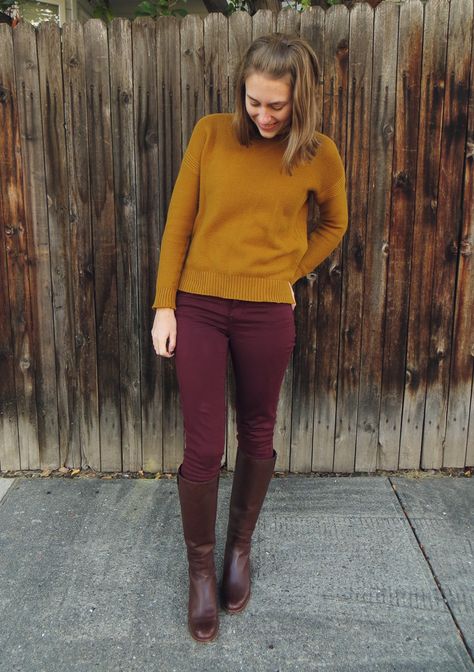 Madewell 'Texturework' sweater, burgundy skinny pants, brown Cole Haan tall boots / November Remix Chain - day 12 Burgundy Pants Outfit, Maroon Pants Outfit, Wine Pants, Riverside Cottage, Maroon Pants, Looks Jeans, Burgundy Pants, Mustard Sweater, Cat Hair