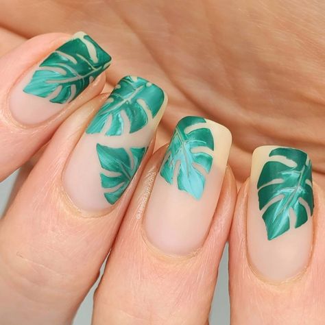 #moyoutropical28 moyoutropical28 moyou tropical 28  palm leaf, nude, matte Banana Leaf Nails, Palm Leaf Nail Design, Monstera Leaf Nail Art, Tropical Leaf Nail Art, Tropical Leaves Nails, Tropical Manicure Ideas, Monstera Nail Design, Island Nails Tropical Simple, Palm Leaves Nails