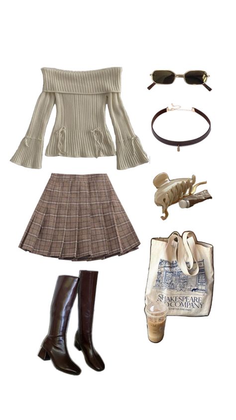 Spring outfit, off the shoulder sweater and plaid mini skirt Brown Plaid Skirt Outfit, Coquette Brown, Nana Clothes, Brown Plaid Skirt, Plaid Skirt Outfit, Sweater And Skirt, Off The Shoulder Sweater, Brown Style, Brown And Beige