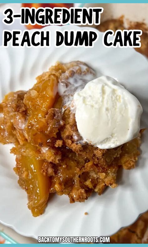 Peach dump cake on a white plate with a scoop of ice cream on top for a sweet treat. Peaches Cake, Peach Dump Cake, Blueberry Dump Cakes, Dump Cake Pumpkin, Dump Cakes, Apple Dump Cakes, Cake Mixes, Peach Desserts, Amazing Desserts