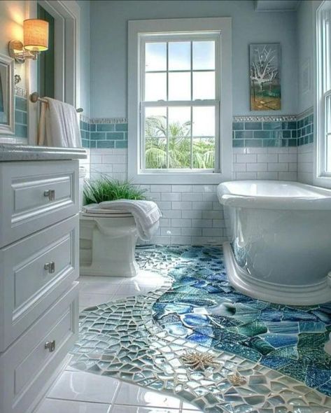 Island Theme Bathroom, Interesting Bathroom Design, Interesting Bathroom Ideas, Coastal Bathroom Floor Tile, Bathroom Floor And Wall Tile Ideas, Bathroom Sea Theme, Sea Green Bathroom, Mosaic Bathroom Ideas, Mosaic In Bathroom