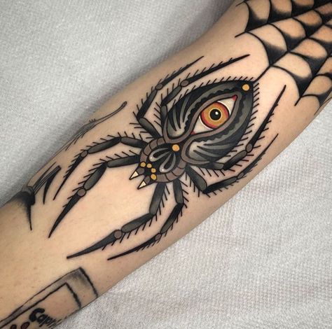 Spider Tattoo Traditional, Elbow Tattoo Ideas, Tato Tradisional, Eyeball Tattoo, Spider Web Tattoo, Traditional Tattoo Inspiration, Elbow Tattoo, Web Tattoo, Bug Tattoo