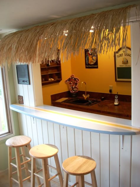 Click this image to show the full-size version. Outside Counter Tops Outdoor Bars, Diy Surf Shack, Surfboard Countertop, Surf Bar Design, Surf Board Bar, Beachy Coffee Shop, Surfer Kitchen, Surfboard Bar Top, Old Surfboard