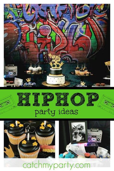 Check out this cool West Coast 90's HipHop birthday party! The decor is awesome! See more party ideas and share yours at CatchMyparty.com #catchmyparty #partyideas #90sbirthdayparty #hiphopbirthdayparty #hiphopdesserttable #grownupbirthdayparty #hiphop #westcoasthiphop #mixtape 40 Themed Birthday Party, Diy Hip Hop Party Decorations, Throwback Party Decorations, Hip Hop Birthday Party Ideas For Adults, Hip Hop Centerpiece Ideas, Hip Hop Party Food, Hip Hop Party Ideas, Hip Hop Party Theme Decoration, 90s Hip Hop Birthday Party