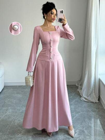 Winter Maxi, Modest Dresses Fashion, Square Neck Long Sleeve, Fancy Gowns, Modest Dresses Casual, Dress Autumn, Classy Casual Outfits, Elegant Dresses For Women, Classy Casual