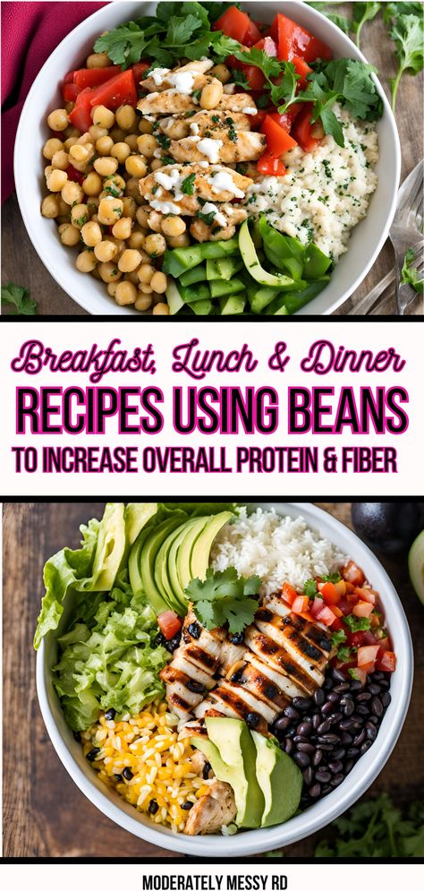 All the best ways to use beans with breakfast, lunch and dinner recipes! Beans, of all types, are versatile, inexpensive, and can take any meal or snack to the next level. They’re a good source of fiber, essential vitamins and minerals, and plant-based protein. Whether you are a vegetarian or not, incorporating beans into your meals can provide so many health benefits beyond just increasing protein and fiber intake. How To Increase Protein Intake Vegetarian, How To Increase Fiber Intake, Dinner Recipes Beans, Fiber Fueled Recipes, High Protein Fiber Meals, High Fiber Meals, Mediterranean Diet Recipes Breakfast, Fiber Meals, Recipes Beans