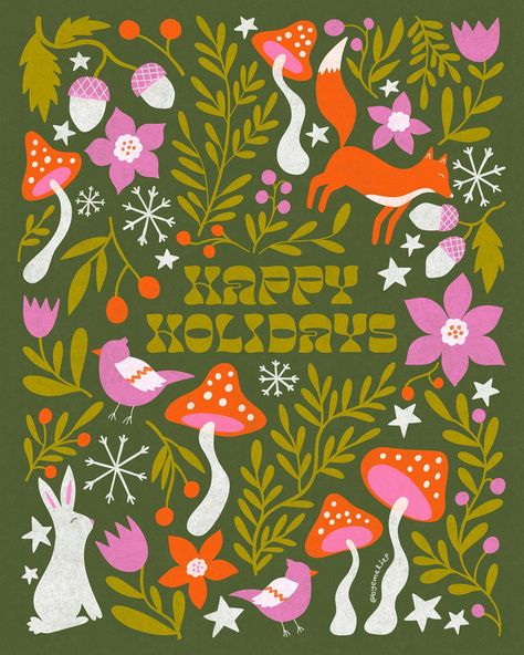 Wishing you a Merry Christmas with this Woodland & Wonderland illustration for the #frostyandfestivechallenge ❄️🐇🌲. Hosted by @roymeister @… | Instagram Miseltoe Illustration, Christmas Mushroom Illustration, Risograph Illustration, Wonderland Illustration, Winter Windows, Woodland Illustration, Botanical Christmas, Woodland Wonderland, Folk Illustration