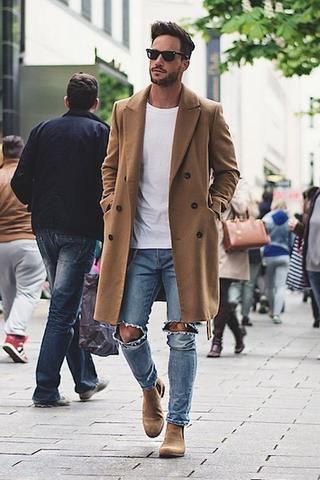 Tan Peacoat With Ripped Jeans And Chelsea Boots guys jeans mens fashion mens fashion ideas fashion and style chelsea boots Comfy Winter Fashion, Winter Mode Outfits, Perfect Winter Outfit, Fall Fashion Coats, Sneakers Street Style, Mens Fashion Edgy, Mens Fashion Smart, Mens Fashion Rugged, Hipster Mens Fashion