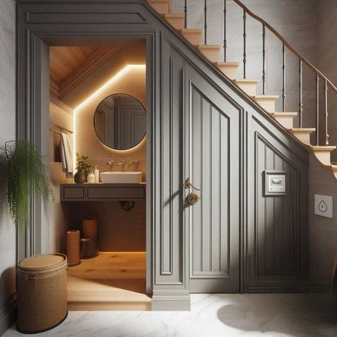 28 Powder Room Under Stairs Design Ideas » HomeDecorFull Staircase Toilet Bathroom Under Stairs, Small Powder Room Ideas Under Stairs, Under Steps Bathroom, Under Stair Full Bathroom, Stairs With Bathroom Underneath, Small Wc Under Stairs, Small Cloak Room Ideas, Loo Under The Stairs, Powder Bath Under Staircase