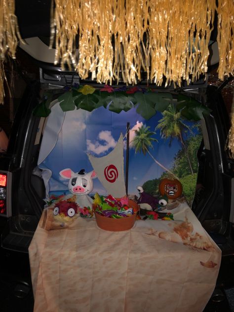 Disney Moana theme trunk or treat Moana Trunk Or Treat Ideas For Cars, Trunk Or Treat Moana Theme, Trunk Or Treat Moana, Moana Trunk Or Treat Ideas, Moana Parade Float Ideas, Island Trunk Or Treat, Moana Trunk Or Treat, Diy Moana Boat, Moana Theme