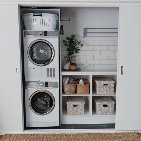 15 small laundry room organizing ideas you'll love loads Laundry Room Decorating, Tiny Laundry, Laundry Room Organization Storage, Stacked Laundry Room, Laundry Room Storage Shelves, Laundry Room Ideas Small Space, Small Laundry Room Organization, Tiny Laundry Rooms, Room Storage Diy