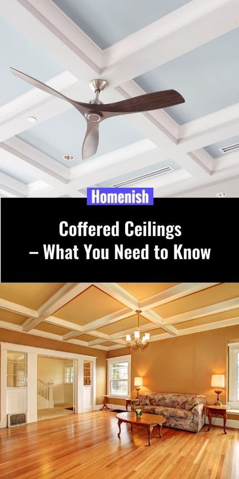 Coffered Ceiling On Slanted Ceiling, Coffered Ceiling Library, How To Paint Coffered Ceilings, 2023 Ceiling Design, Coffered Ceiling With Fan, Low Coffered Ceiling, Painting Coffered Ceiling Ideas, Ceiling Treatments Living Room, Painted Coffered Ceiling Ideas