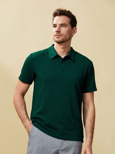 Dark Green Casual  Short Sleeve Polyester Plain   Slight Stretch Summer Men Tops Mens Green Polo Shirt Outfit, Dark Green Shirt Outfit Men Casual, Green Tshirt Outfit Men, Dark Green Polo Shirt Outfit Men, Green Polo Outfit Men, Green Polo Shirt Outfit Men, Casual Green Polo Collar Shirt, Polo Tshirt Men Outfit, Green Polo Shirt