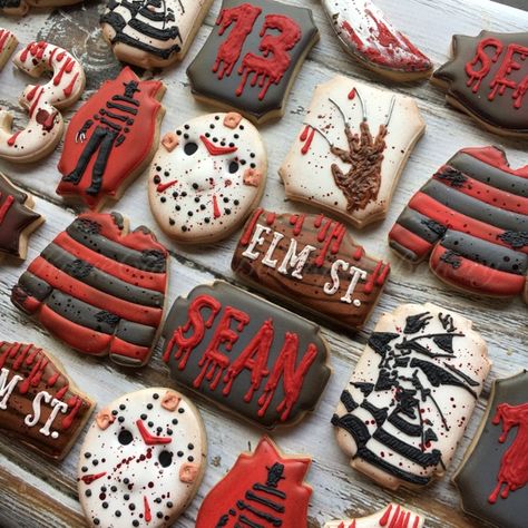 Friday the 13th Cookies #FreddyKrueger #Jason #Fridaythe13th #decoratedcookies #cookies #cookiesofinstagram Halloween Horror Cookies, Jason Cookies, Mcr Birthday, Horror Movie Cookies, Goth Baking, Friday The 13th Birthday Party, Horror Treats, Halloween Confections, Horror Cookies