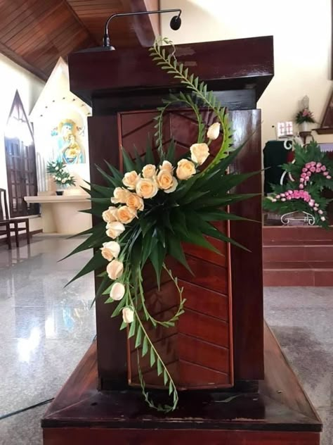 Podium Arrangement Floral, Pulpit Flower Arrangements Church, Podium Floral Arrangements, Podium Flower Arrangements, Pulpit Decorations Church, Church Flower Arrangements Altars Simple, Podium Decorations, Church Flower Arrangements Altars Ideas, Bubble Bouquet