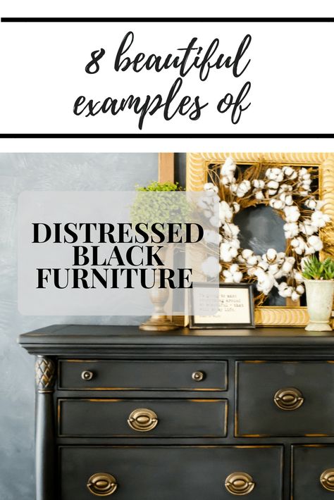 Distressed Black Furniture #dododsondesigns#distressedblackfurniture #distressedfurniture #blackfurniture Distressed Black Furniture, Unique Painted Furniture, Decorating On A Dime, Black Painted Furniture, Wood Dressers, Vintage Furniture Makeover, Dresser Makeovers, Furniture Diy Ideas, Furniture Painting Ideas