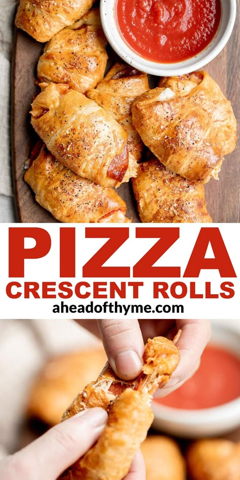 Pizza crescent rolls are a delicious, cheesy, and easy appetizer for all the pizza lovers out there. Flaky, buttery, crescent rolls are filled with pepperoni, pizza sauce, and melty cheese, rolled, and baked to golden brown perfection. The best part? This kid-friendly snack is ready in under 30 minutes making it the perfect last minute bite, easy lunch or dinner, or appy to serve on game day. | aheadofthyme.com #pizzacrescentrolls #pizzarolls #crescentrolls via @aheadofthyme Crescent Roll Pizza Bites, Crescent Rolls Appetizers, Pizza Crescent Rolls, Pizza Crescent, Crescent Rolls Recipe, Crescent Roll Pizza, Pizza Roll Up, Pizza Appetizers, Crescent Recipes