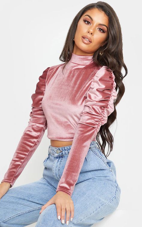 Crop Tops for Women | Cropped Shirts | PrettyLittleThing USA Velvet Top Designs, Velvet Outfits, Top Designs For Women, Velvet Blouse, Crop Top Designs, Rose Velvet, Velvet Clothes, Ruched Sleeve, Fleece Dress