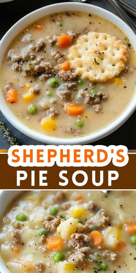 🍲 Shepherd's Pie Soup: Cozy up with this delicious twist on the classic comfort food! 🥔 This hearty soup combines all the flavors of traditional shepherd’s pie—savory ground beef, tender veggies, and creamy mashed potatoes—into a warm and satisfying bowl. 🥕 🔗 Save this Pin for later and don't forget to share it with your friends! 🍴 Tap below to get the full recipe and warm up with this soul-soothing soup. ⬇️ #ComfortFood #ShepherdsPie #EasyRecipes #OnePotMeals #WinterRecipes #SoupSeaso Pie Savory, Pot Pie Soup Recipe, Soup Cozy, Meat Casserole, Soup With Ground Beef, Pot Pie Soup, Hearty Soup, Delicious Soup Recipes, Shepherd's Pie